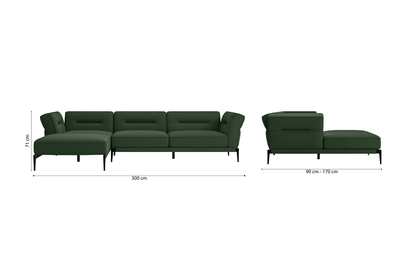 Acerra 3 Seater Left Hand Facing Chaise Lounge Corner Sofa Forest Green Linen Fabric