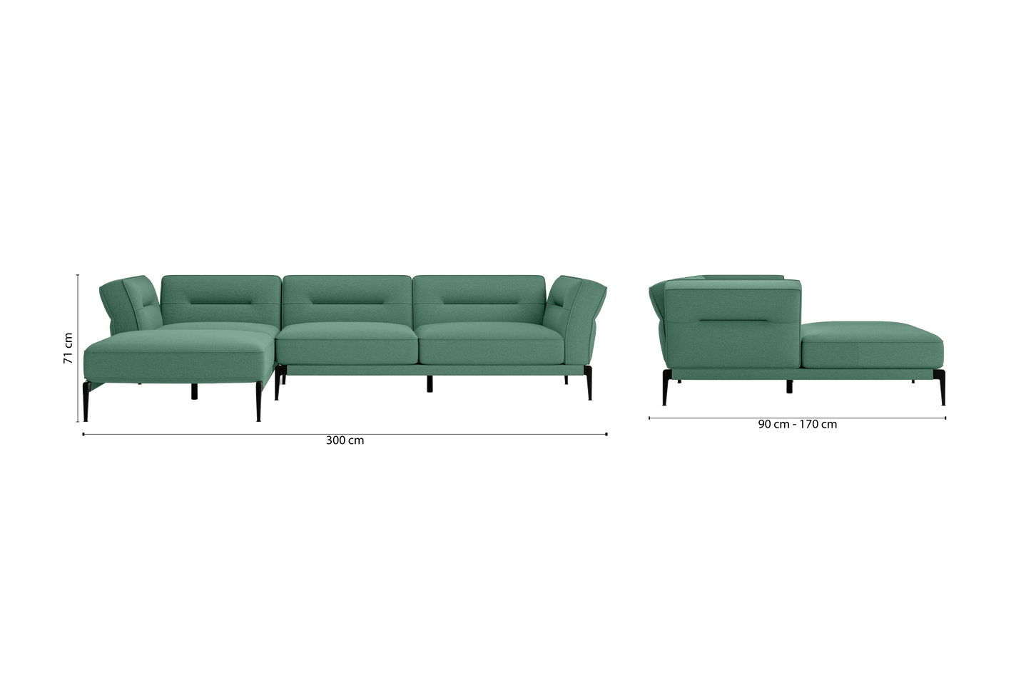 Acerra 3 Seater Left Hand Facing Chaise Lounge Corner Sofa Mint Green Linen Fabric