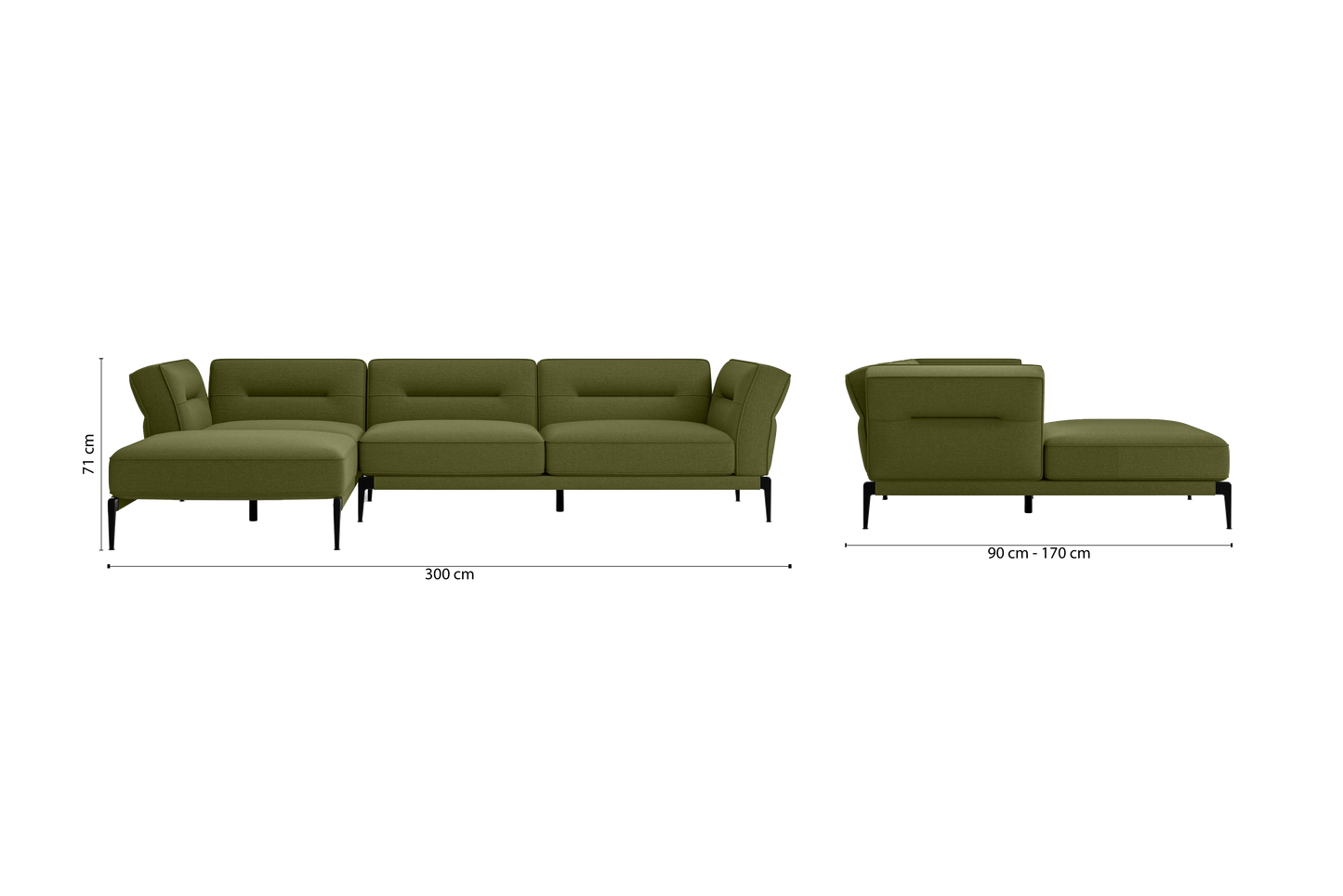 Acerra 3 Seater Left Hand Facing Chaise Lounge Corner Sofa Olive Linen Fabric