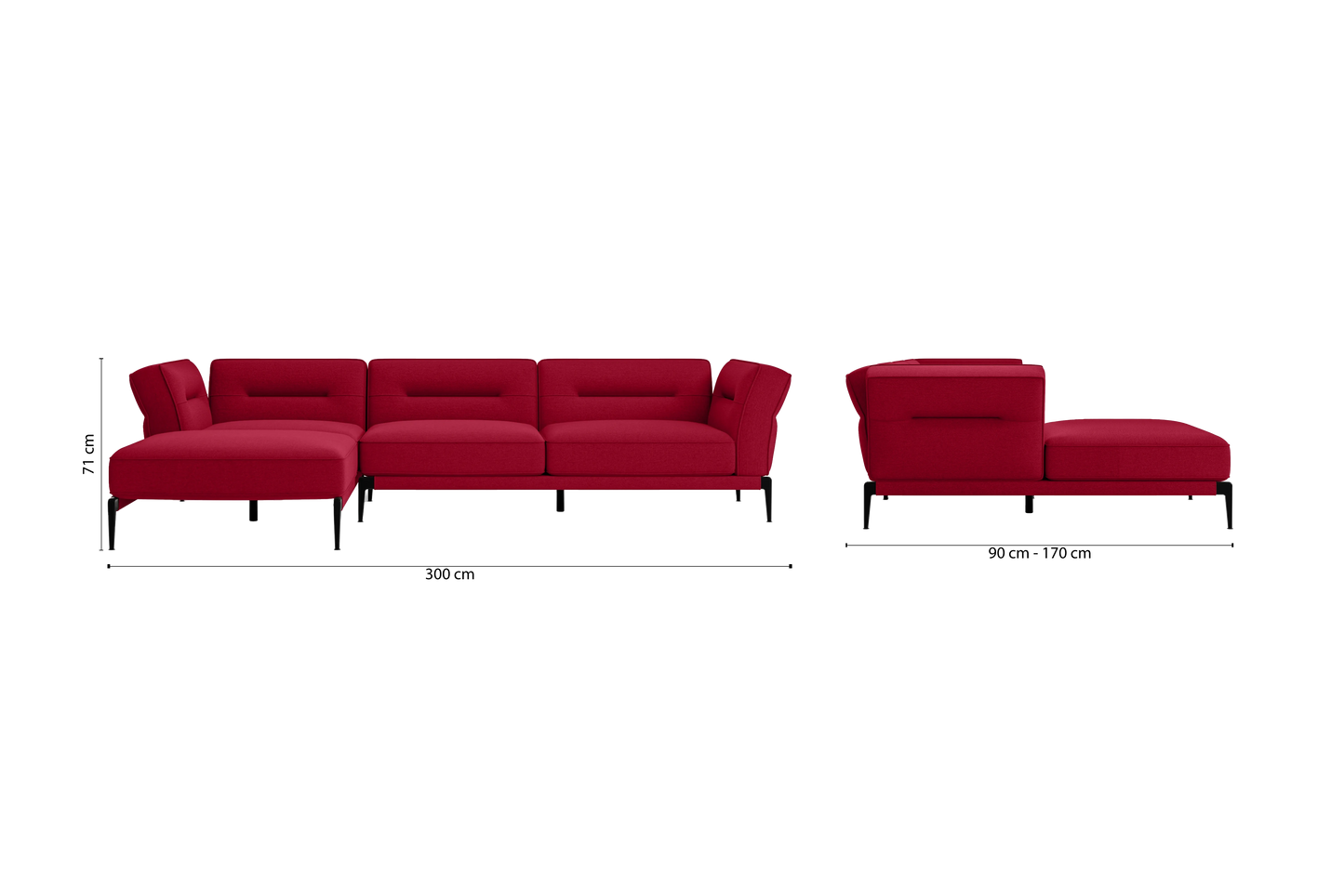 Acerra 3 Seater Left Hand Facing Chaise Lounge Corner Sofa Red Linen Fabric