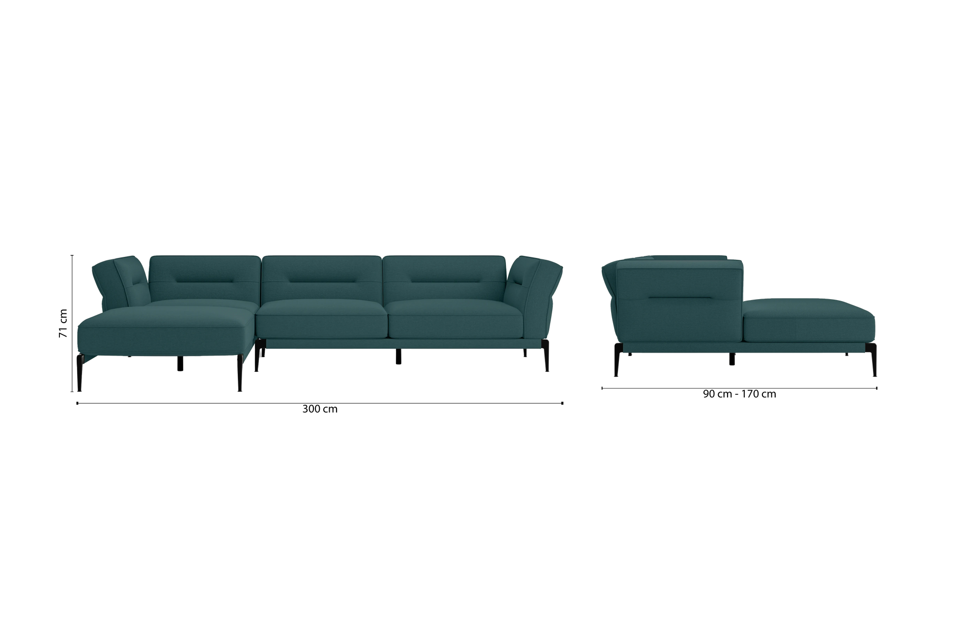 Acerra 3 Seater Left Hand Facing Chaise Lounge Corner Sofa Teal Linen Fabric