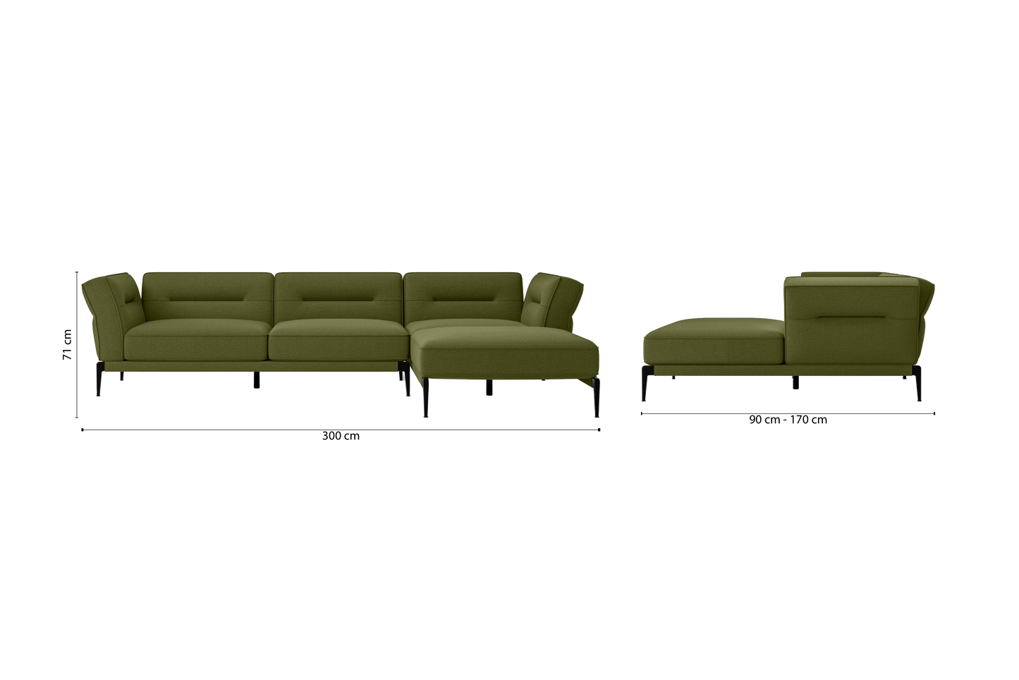 Acerra 3 Seater Right Hand Facing Chaise Lounge Corner Sofa Olive Linen Fabric