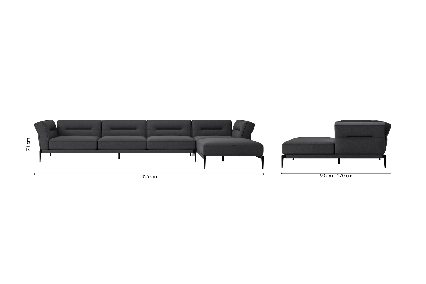 Acerra 4 Seater Right Hand Facing Chaise Lounge Corner Sofa Dark Grey Linen Fabric