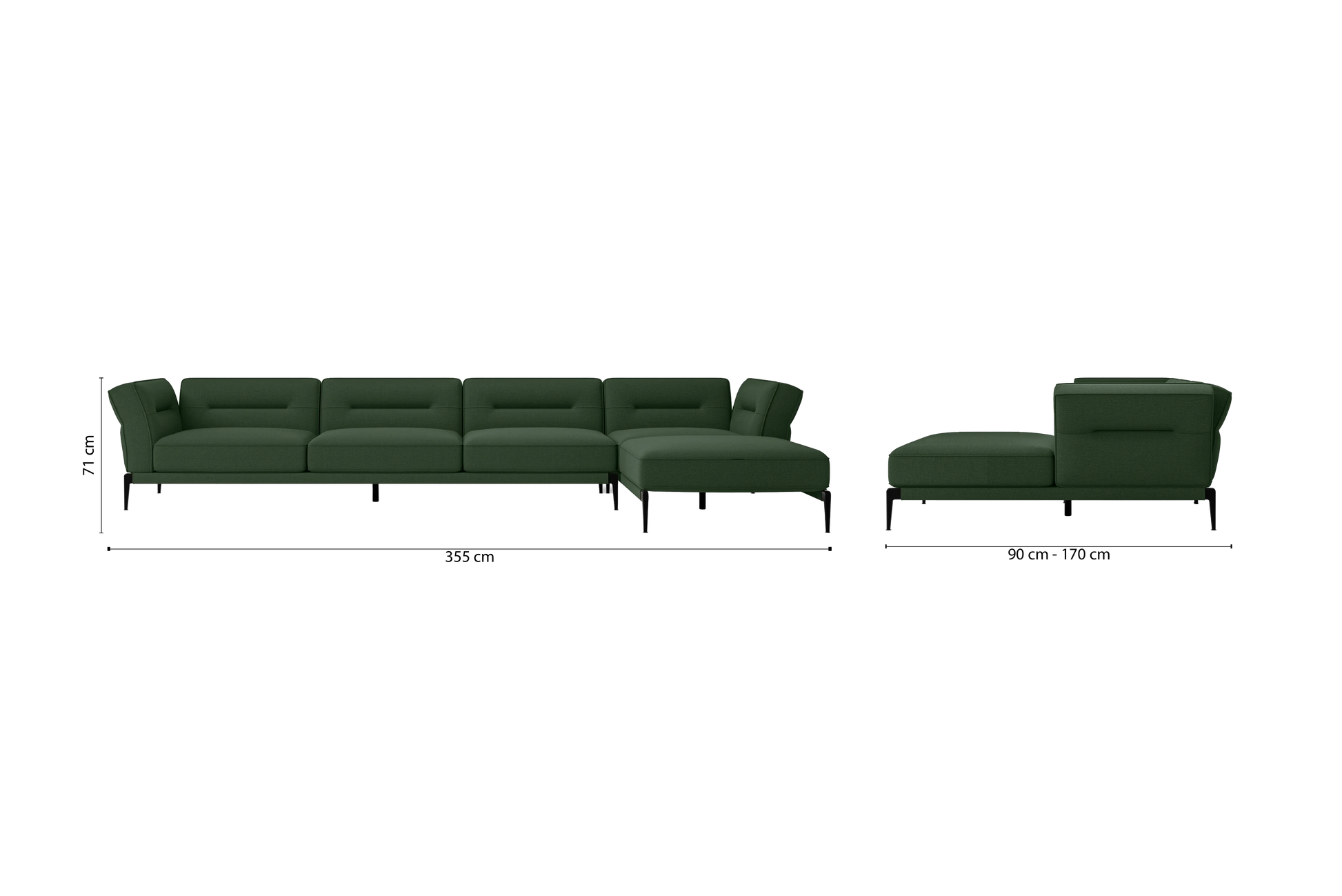 Acerra 4 Seater Right Hand Facing Chaise Lounge Corner Sofa Forest Green Linen Fabric