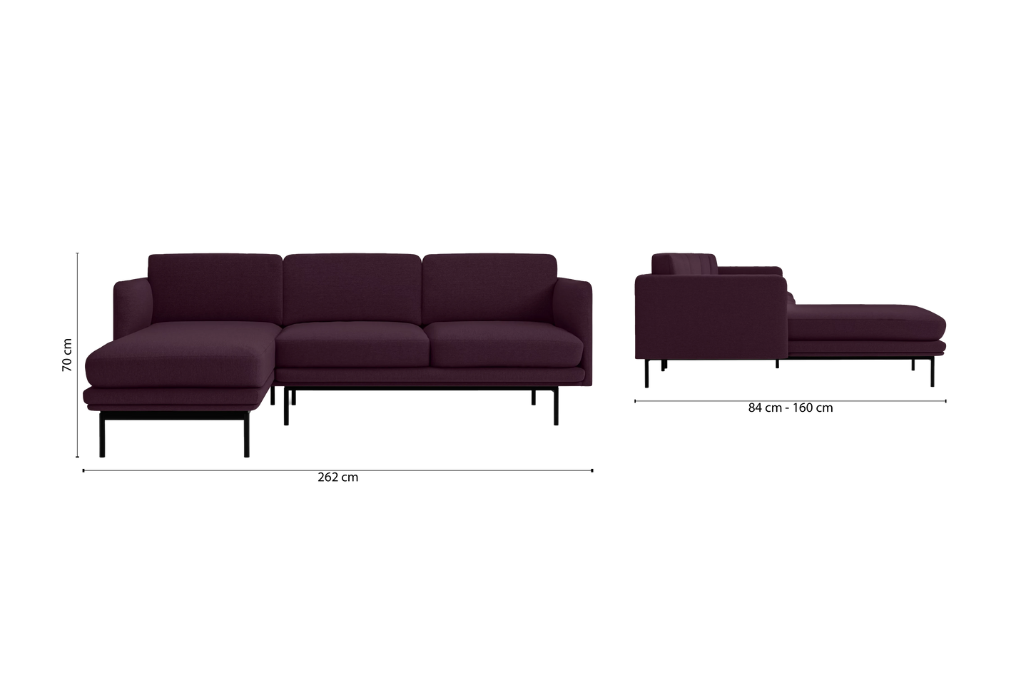 Ancona 3 Seater Left Hand Facing Chaise Lounge Corner Sofa Purple Linen Fabric