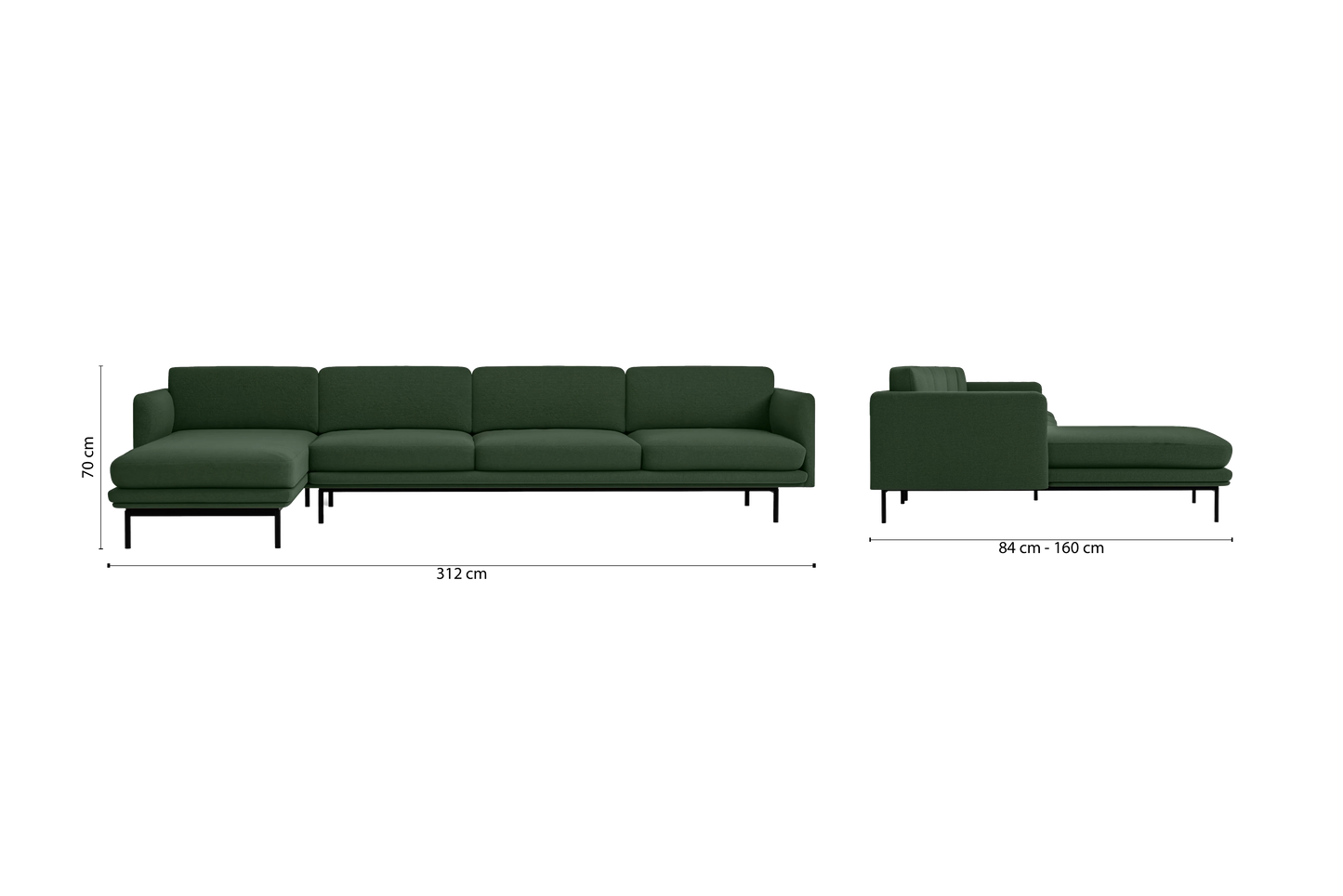 Ancona 4 Seater Left Hand Facing Chaise Lounge Corner Sofa Forest Green Linen Fabric