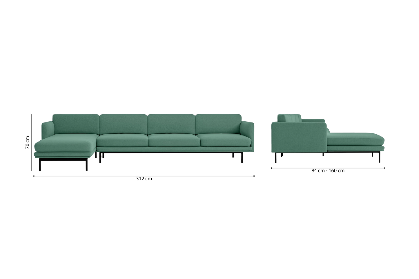 Ancona 4 Seater Left Hand Facing Chaise Lounge Corner Sofa Mint Green Linen Fabric