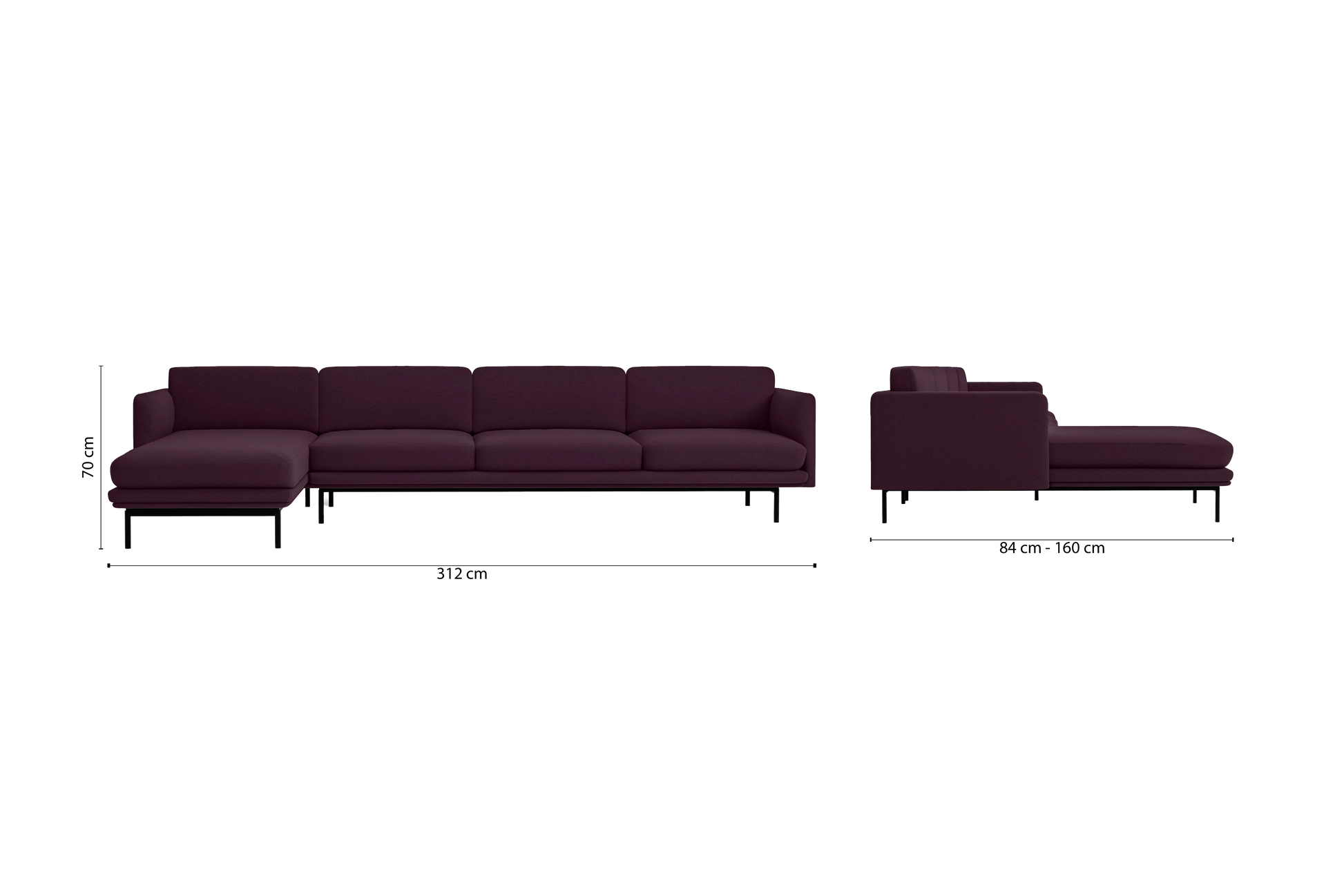 Ancona 4 Seater Left Hand Facing Chaise Lounge Corner Sofa Purple Linen Fabric