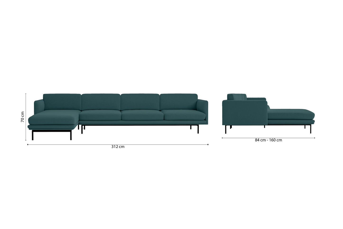 Ancona 4 Seater Left Hand Facing Chaise Lounge Corner Sofa Teal Linen Fabric