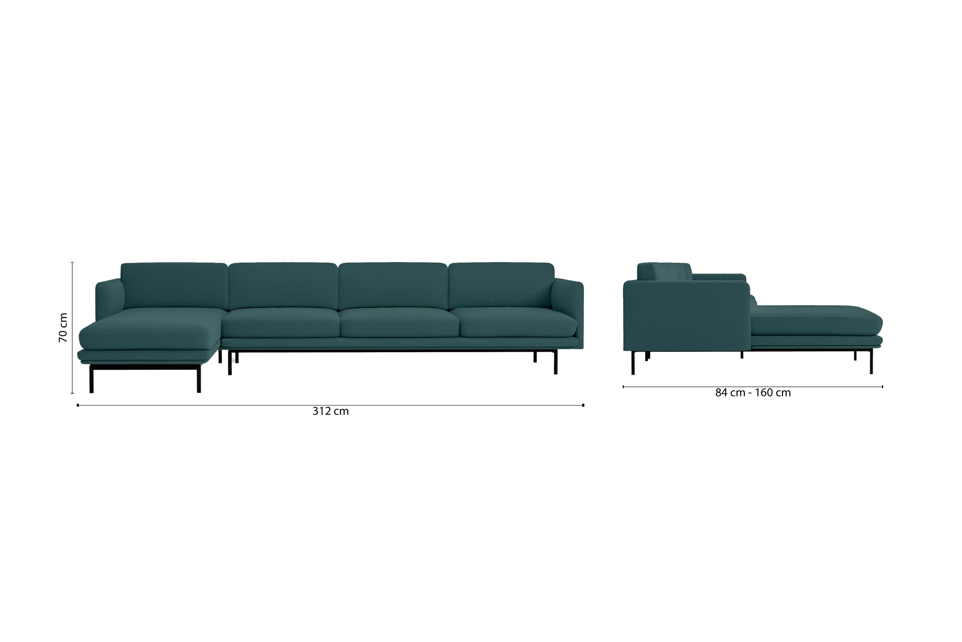 Ancona 4 Seater Left Hand Facing Chaise Lounge Corner Sofa Teal Linen Fabric