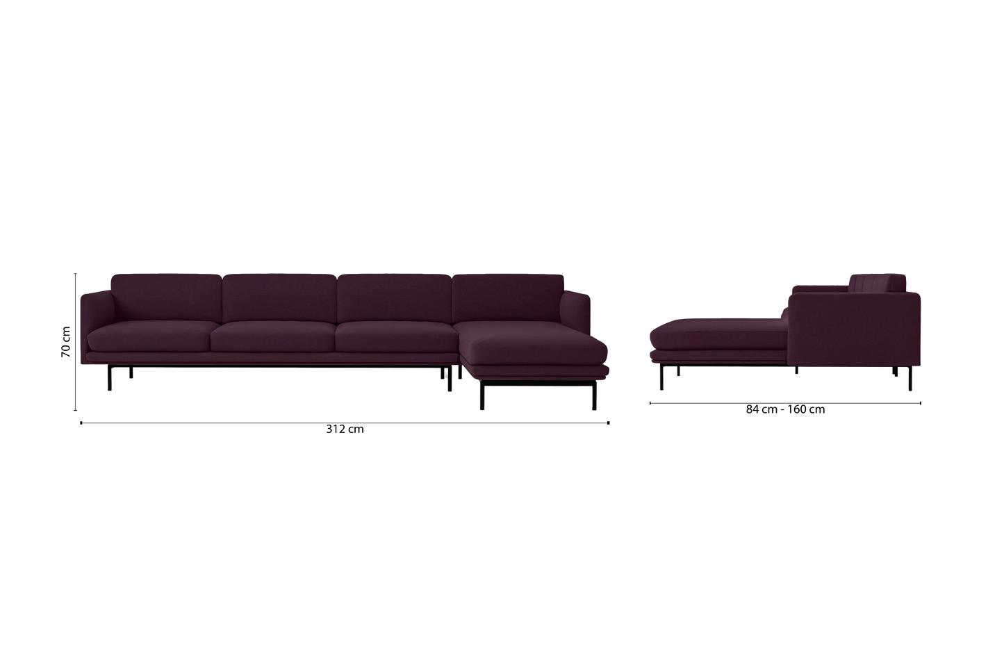 Ancona 4 Seater Right Hand Facing Chaise Lounge Corner Sofa Purple Linen Fabric