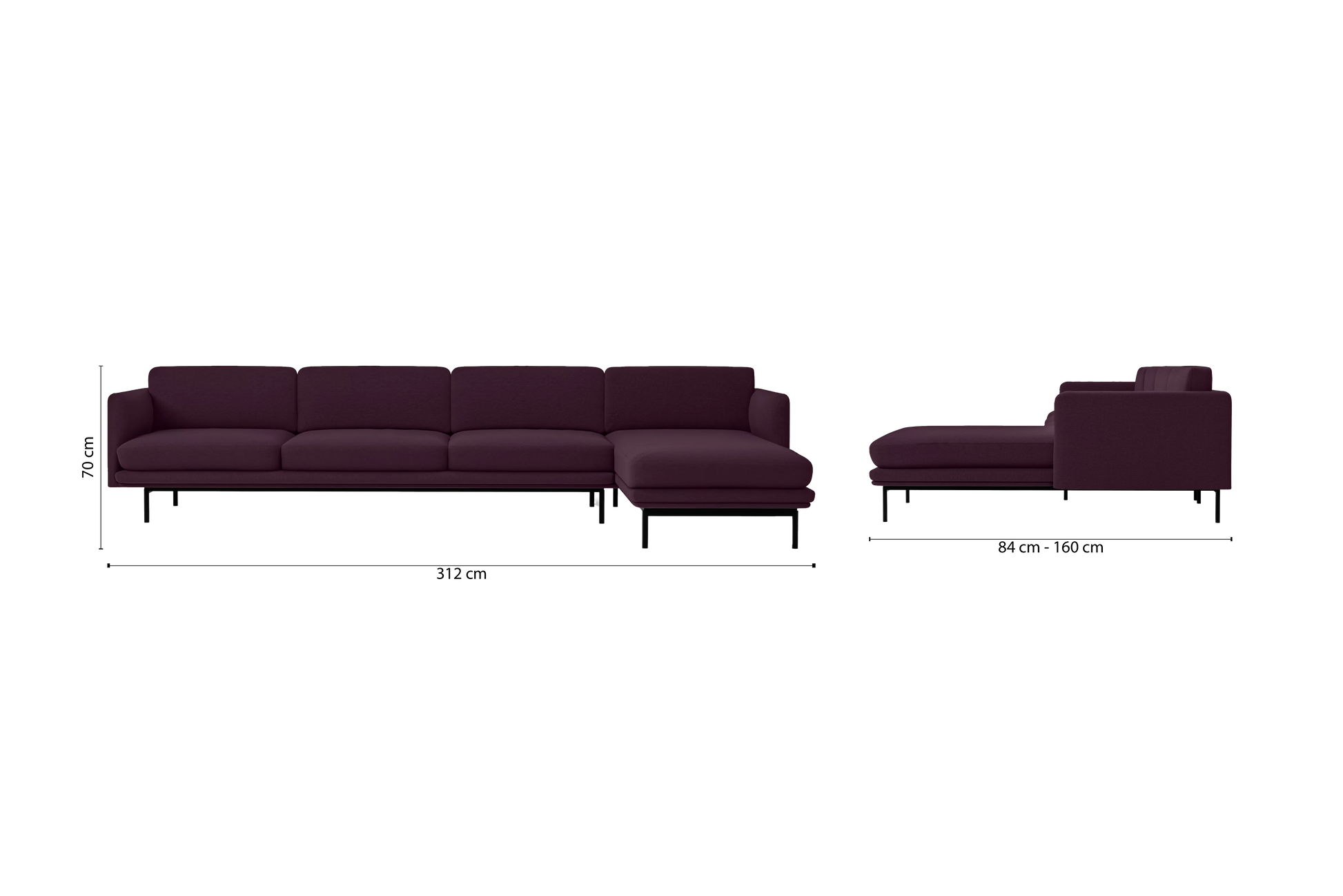 Ancona 4 Seater Right Hand Facing Chaise Lounge Corner Sofa Purple Linen Fabric