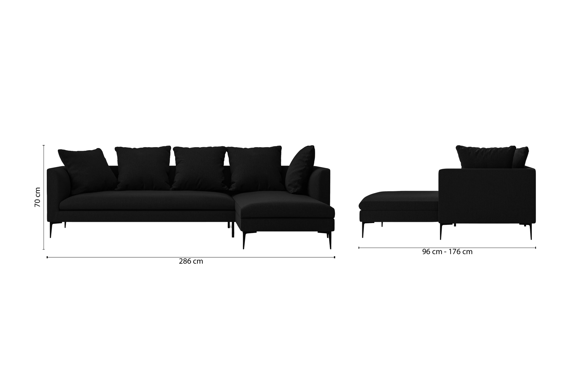 Aprilia 3 Seater Right Hand Facing Chaise Lounge Corner Sofa Black Linen Fabric