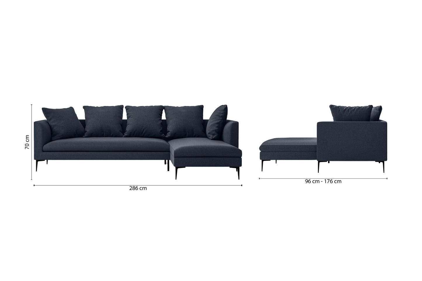 Aprilia 3 Seater Right Hand Facing Chaise Lounge Corner Sofa Dark Blue Linen Fabric