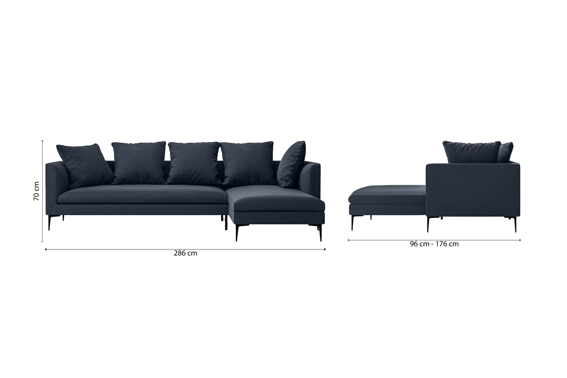 Aprilia 3 Seater Right Hand Facing Chaise Lounge Corner Sofa Dark Blue Linen Fabric