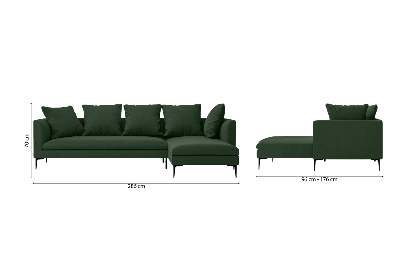 Aprilia 3 Seater Right Hand Facing Chaise Lounge Corner Sofa Forest Green Linen Fabric