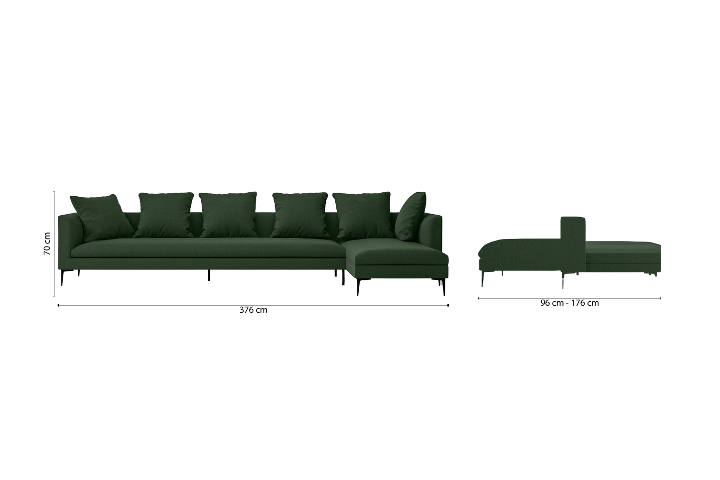 Aprilia 4 Seater Right Hand Facing Chaise Lounge Corner Sofa Forest Green Linen Fabric