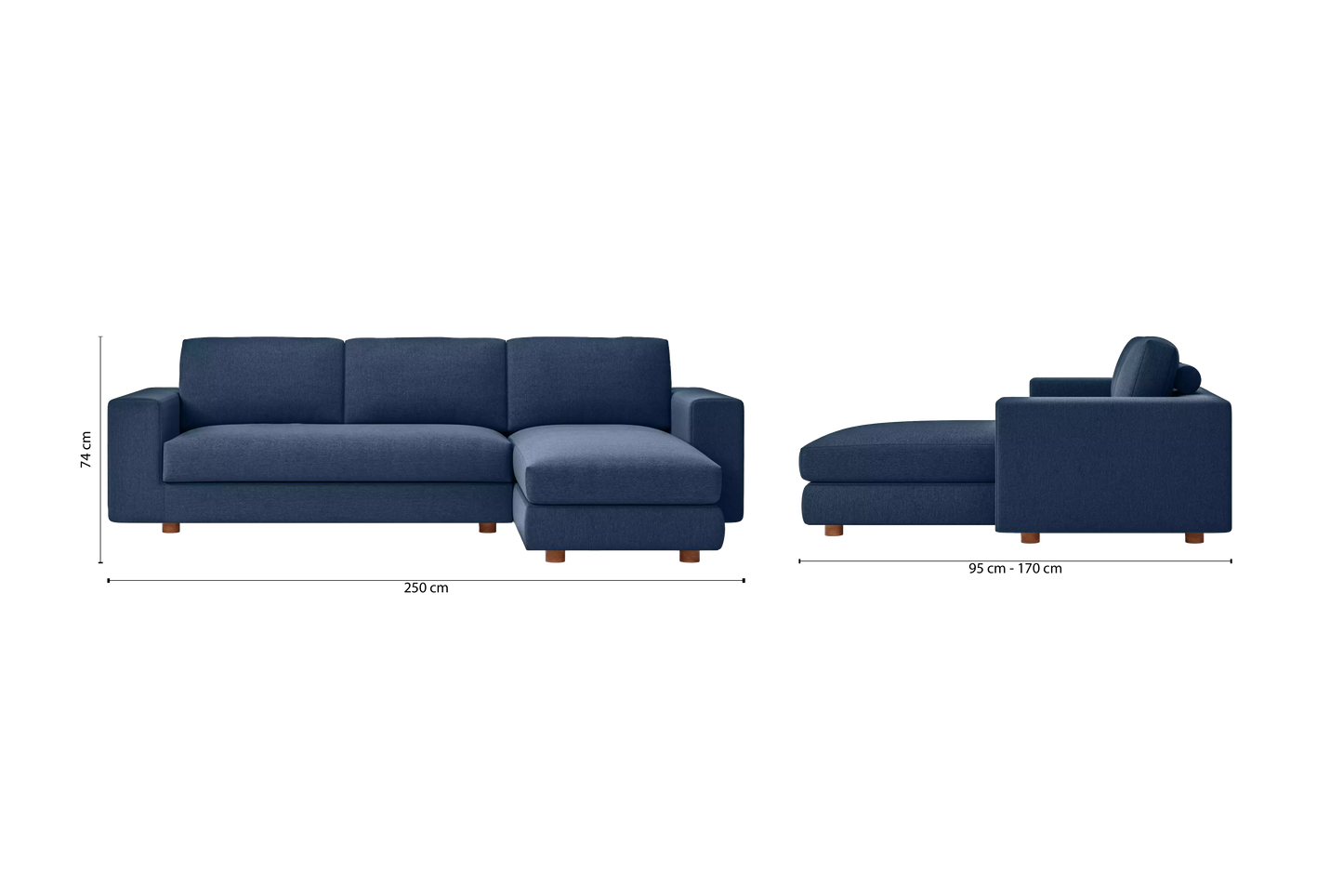 Arezzo 3 Seater Right Hand Facing Chaise Lounge Corner Sofa Dark Blue Linen Fabric