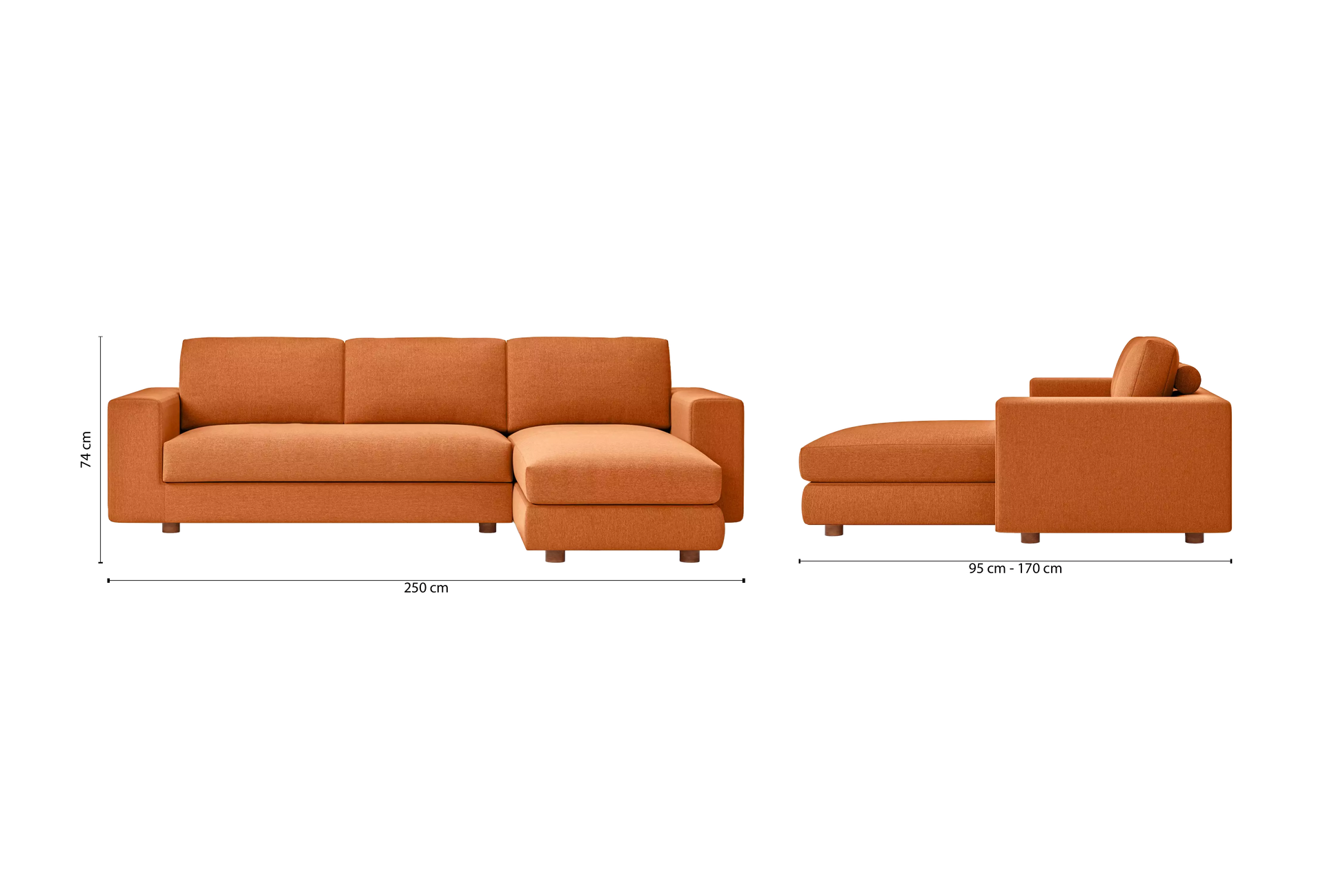 Arezzo 3 Seater Right Hand Facing Chaise Lounge Corner Sofa Orange Linen Fabric