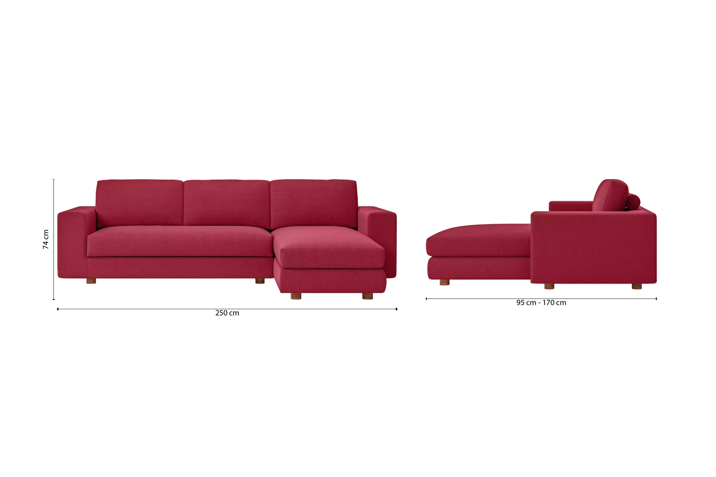 Arezzo 3 Seater Right Hand Facing Chaise Lounge Corner Sofa Red Linen Fabric