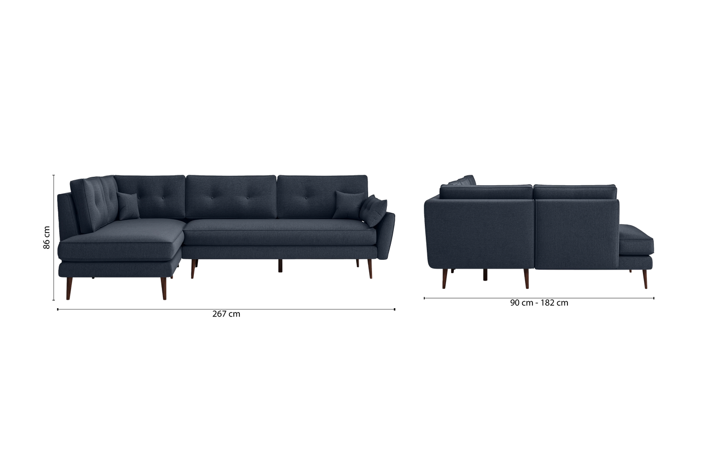 Avellino 3 Seater Left Hand Facing Chaise Lounge Corner Sofa Dark Blue Linen Fabric