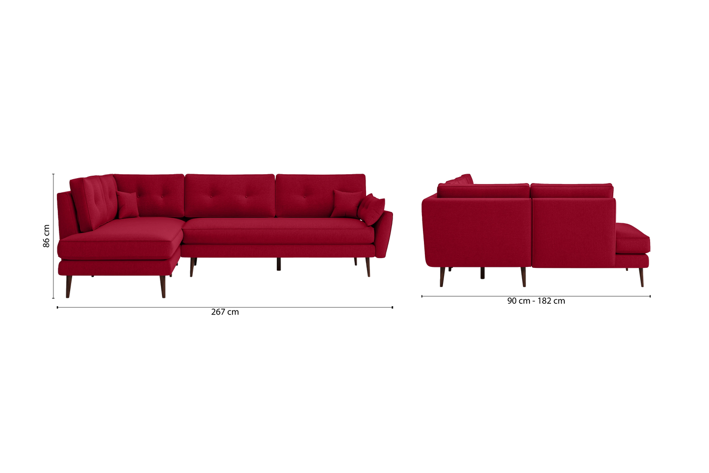 Avellino 3 Seater Left Hand Facing Chaise Lounge Corner Sofa Red Linen Fabric