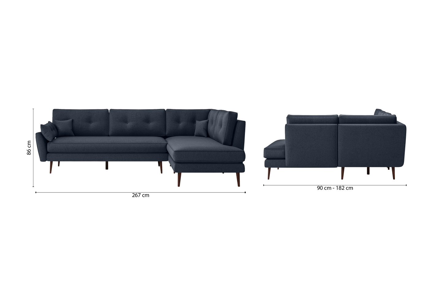 Avellino 3 Seater Right Hand Facing Chaise Lounge Corner Sofa Dark Blue Linen Fabric