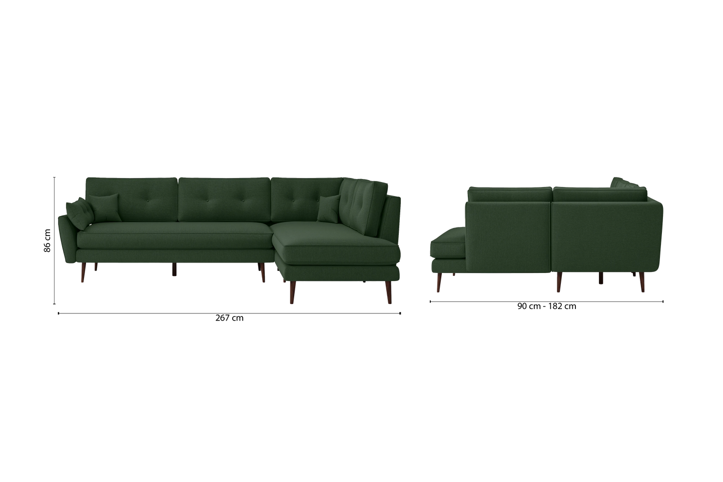 Avellino 3 Seater Right Hand Facing Chaise Lounge Corner Sofa Forest Green Linen Fabric