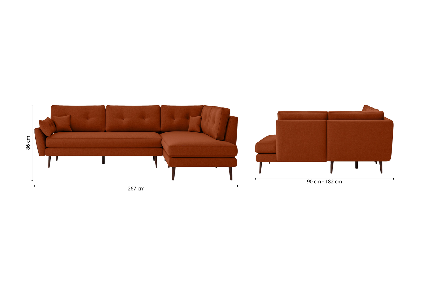 Avellino 3 Seater Right Hand Facing Chaise Lounge Corner Sofa Orange Linen Fabric