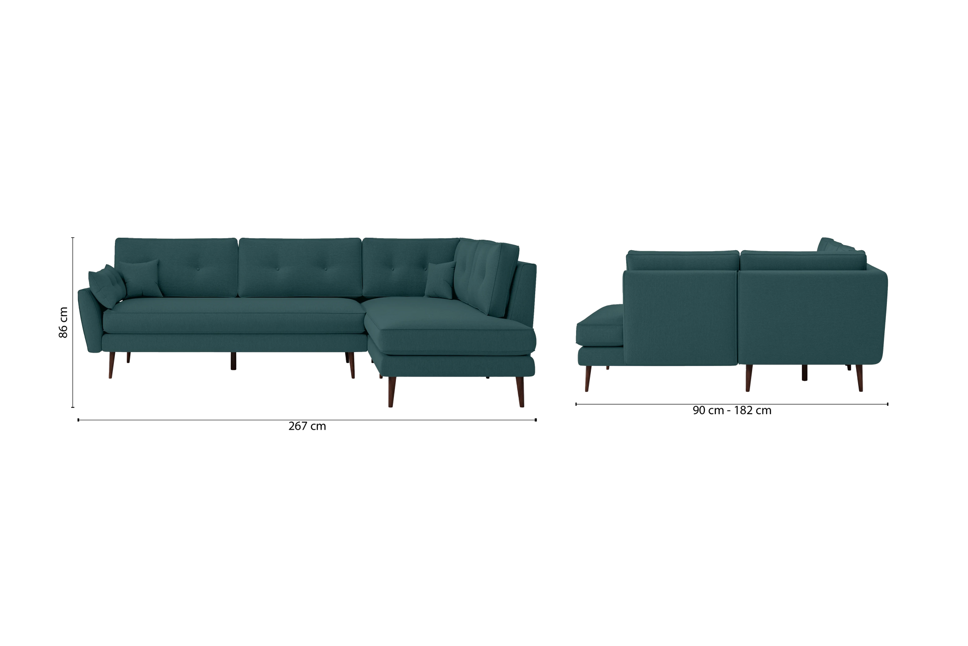 Avellino 3 Seater Right Hand Facing Chaise Lounge Corner Sofa Teal Linen Fabric