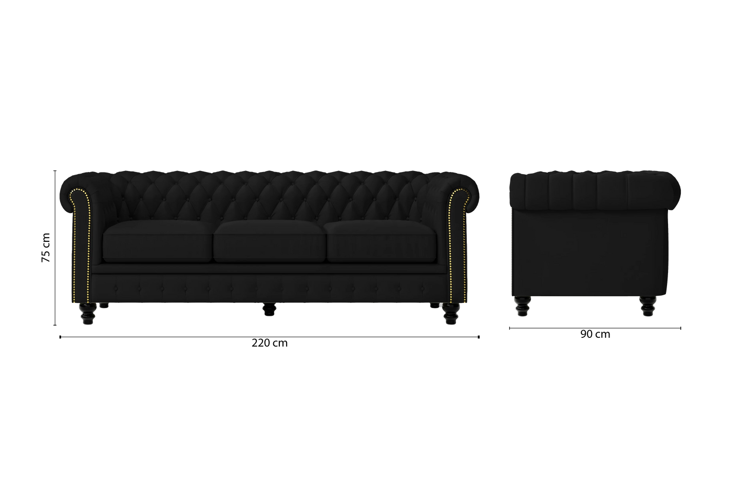 Aversa 3 Seater Sofa Black Leather