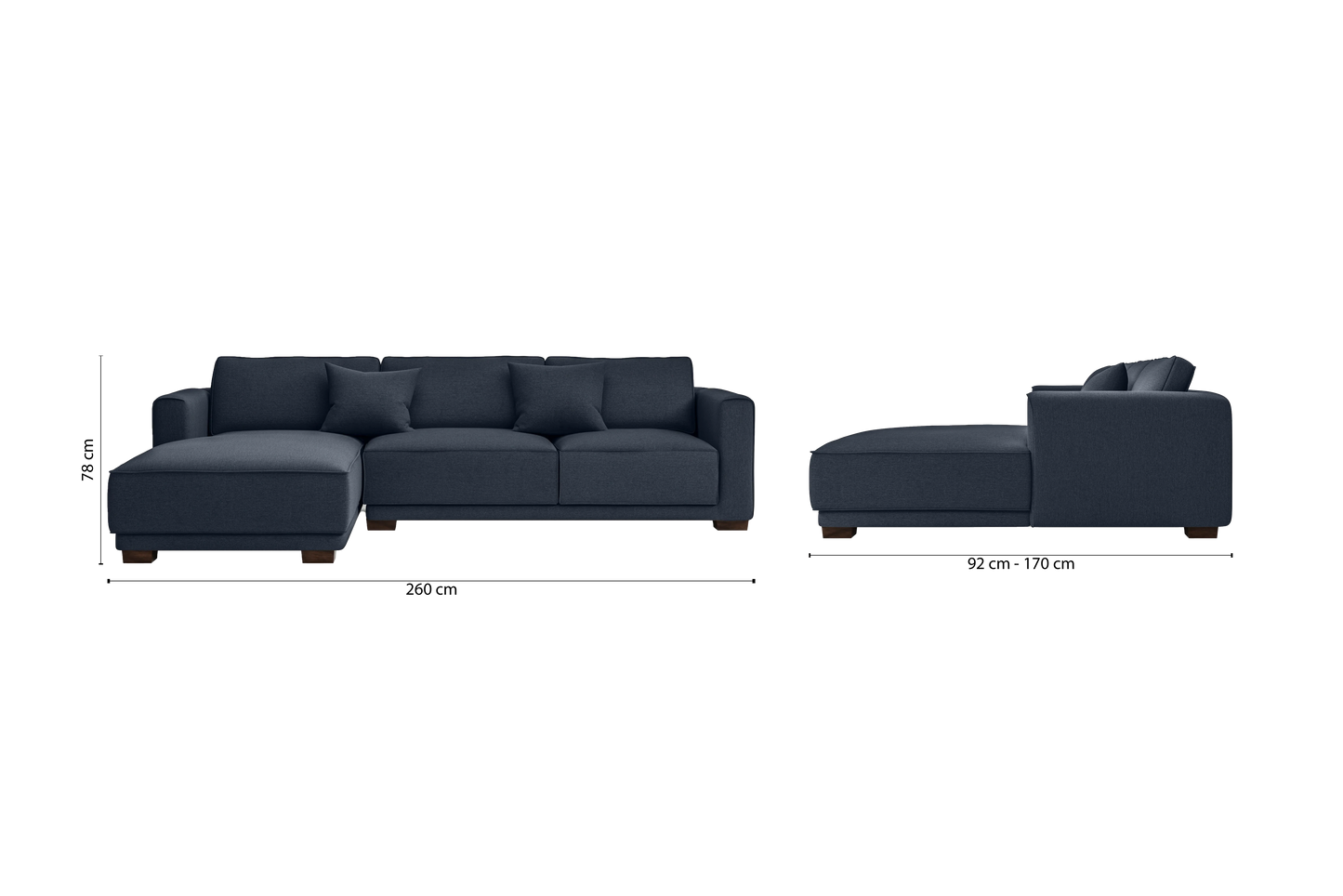 Barletta 3 Seater Left Hand Facing Chaise Lounge Corner Sofa Dark Blue Linen Fabric