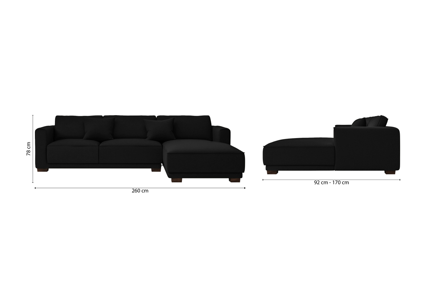 Barletta 3 Seater Right Hand Facing Chaise Lounge Corner Sofa Black Linen Fabric