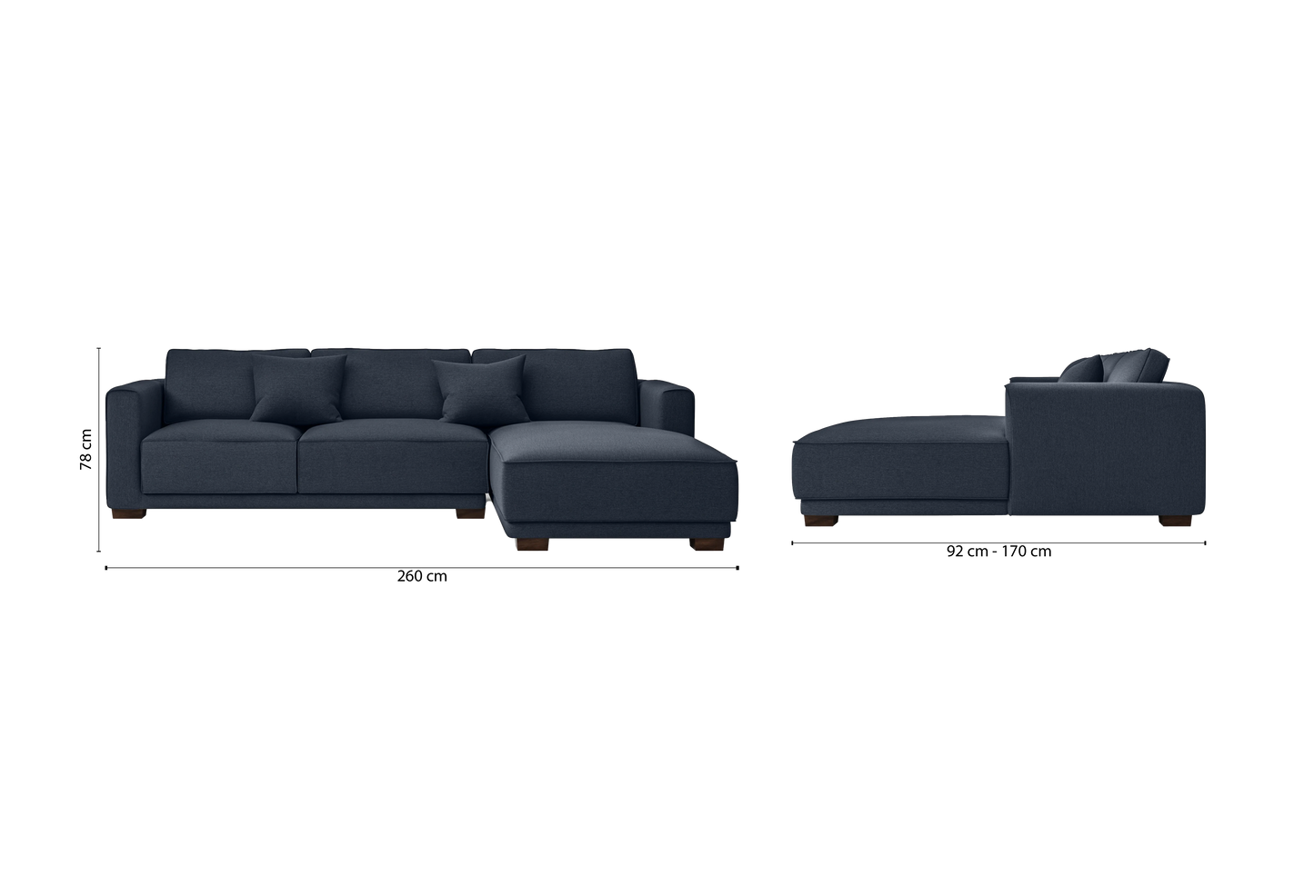 Barletta 3 Seater Right Hand Facing Chaise Lounge Corner Sofa Dark Blue Linen Fabric