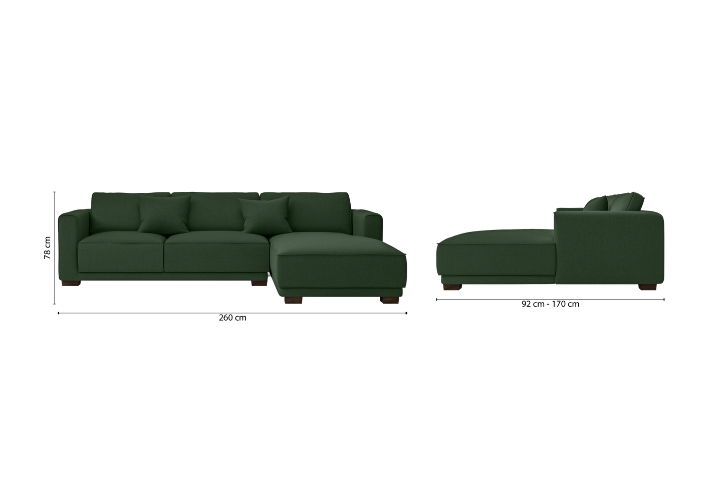 Barletta 3 Seater Right Hand Facing Chaise Lounge Corner Sofa Forest Green Linen Fabric