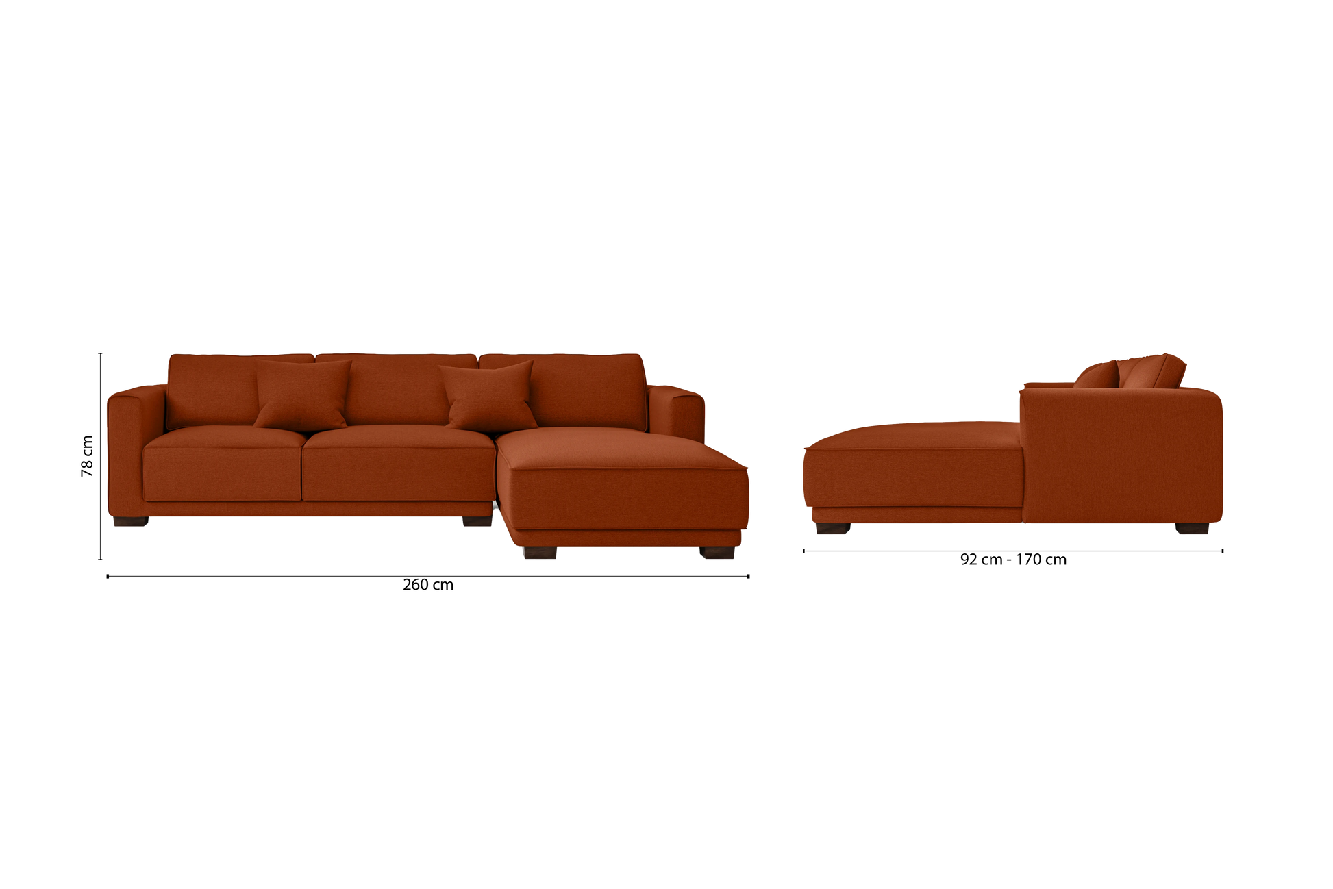 Barletta 3 Seater Right Hand Facing Chaise Lounge Corner Sofa Orange Linen Fabric