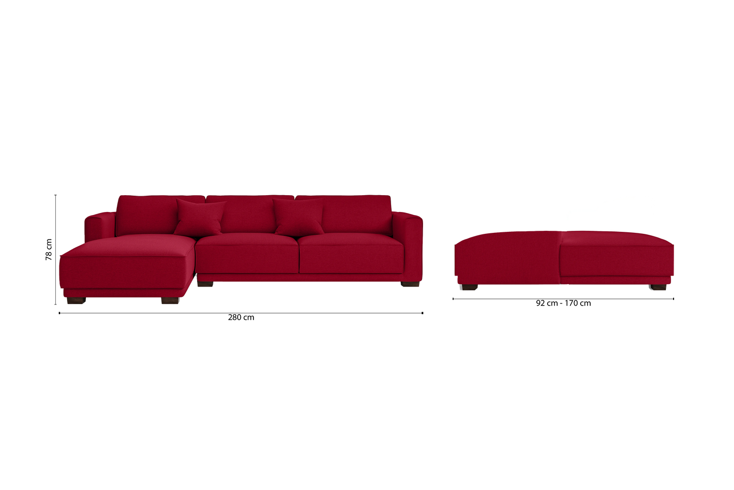 Barletta 4 Seater Left Hand Facing Chaise Lounge Corner Sofa Red Linen Fabric