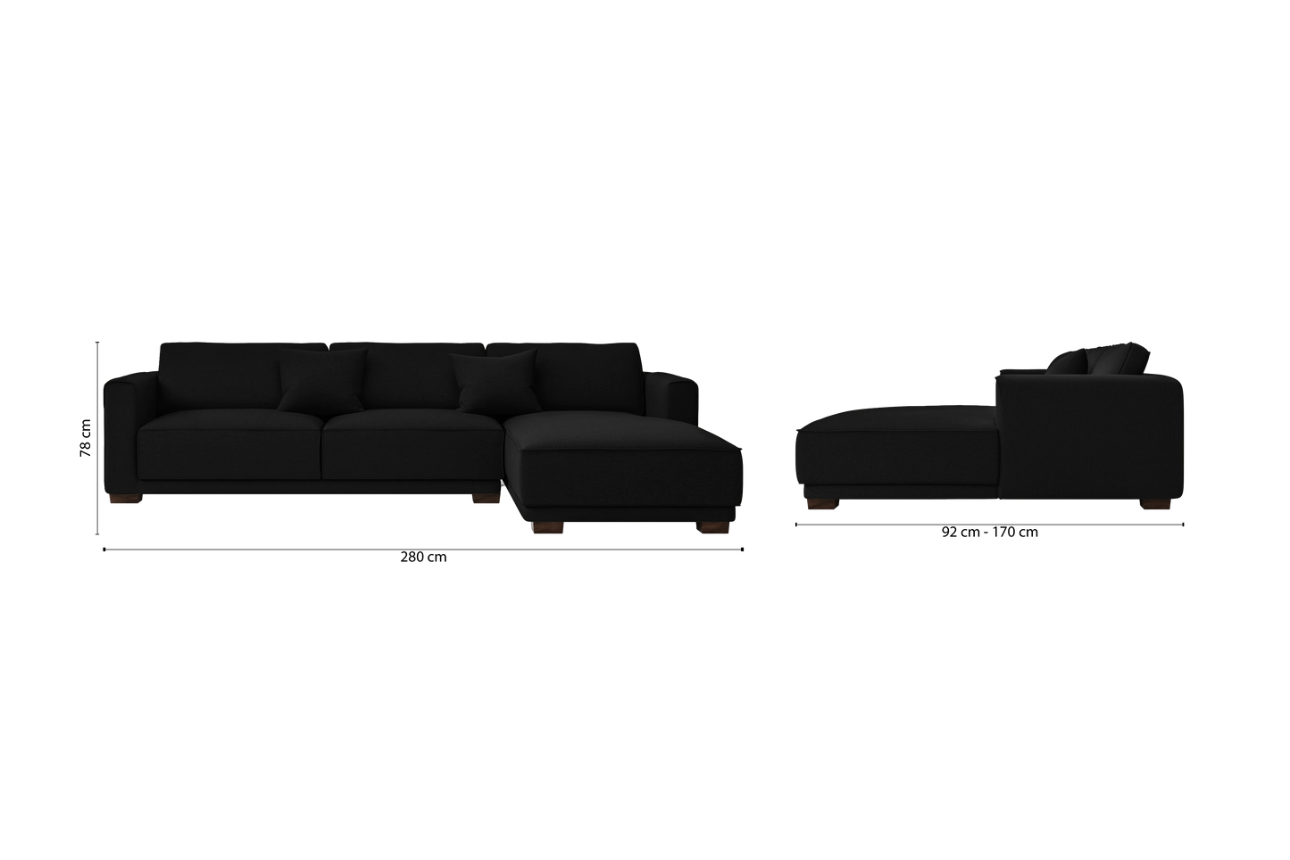 Barletta 4 Seater Right Hand Facing Chaise Lounge Corner Sofa Black Linen Fabric