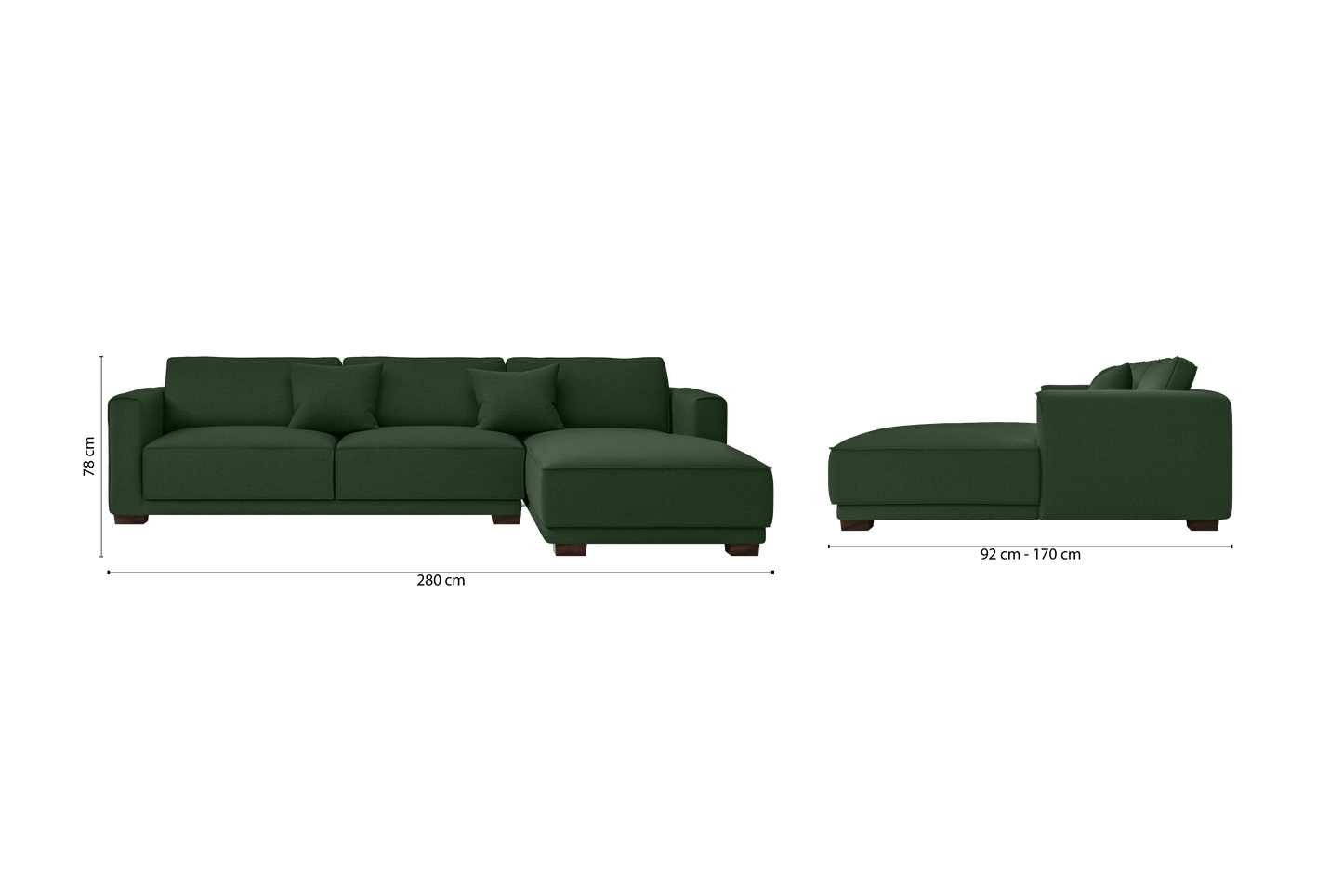 Barletta 4 Seater Right Hand Facing Chaise Lounge Corner Sofa Forest Green Linen Fabric