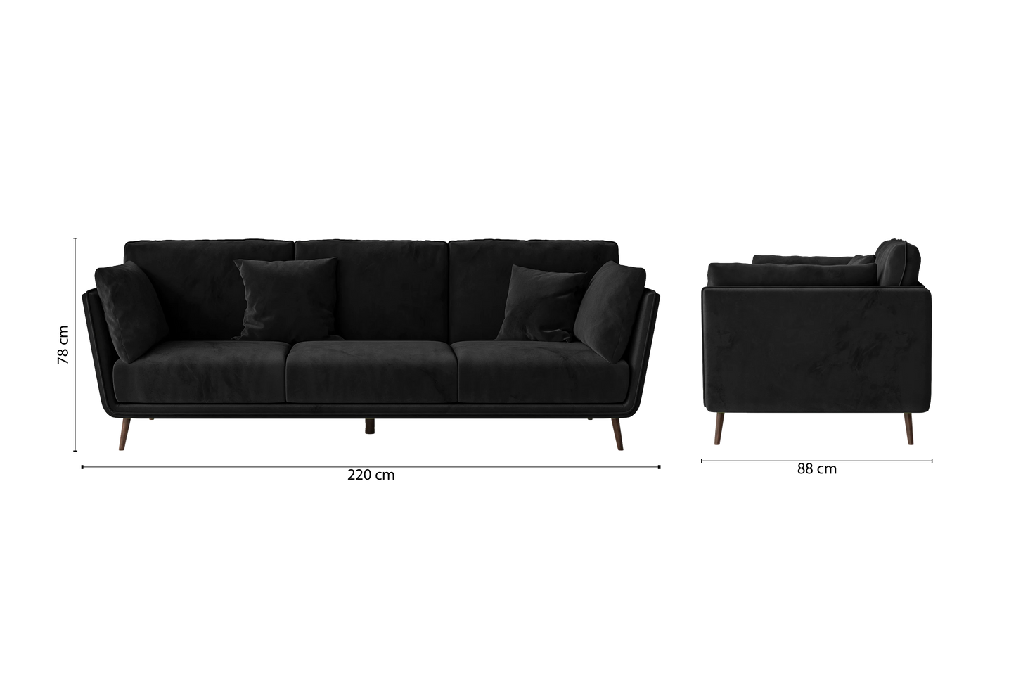 Bologna 3 Seater Sofa Black Velvet