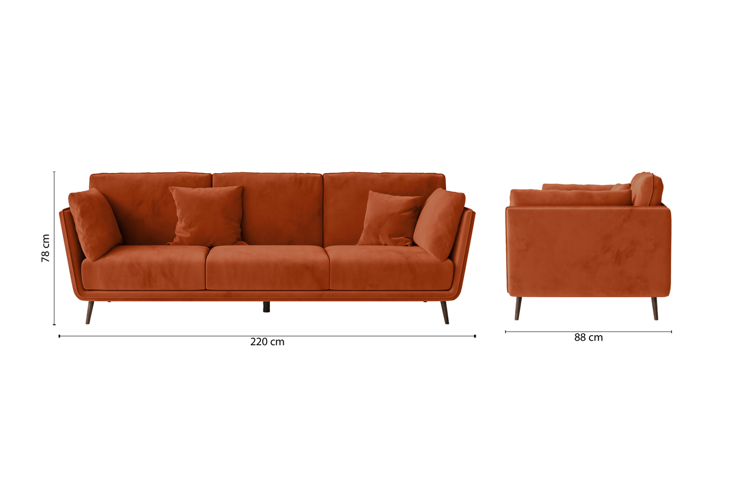 Bologna 3 Seater Sofa Orange Velvet