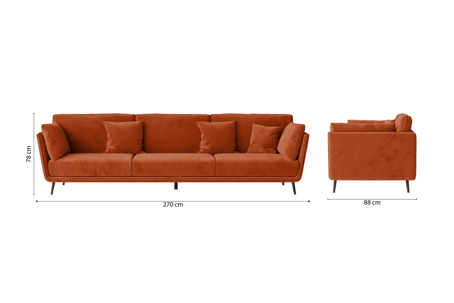 Bologna 4 Seater Sofa Orange Velvet