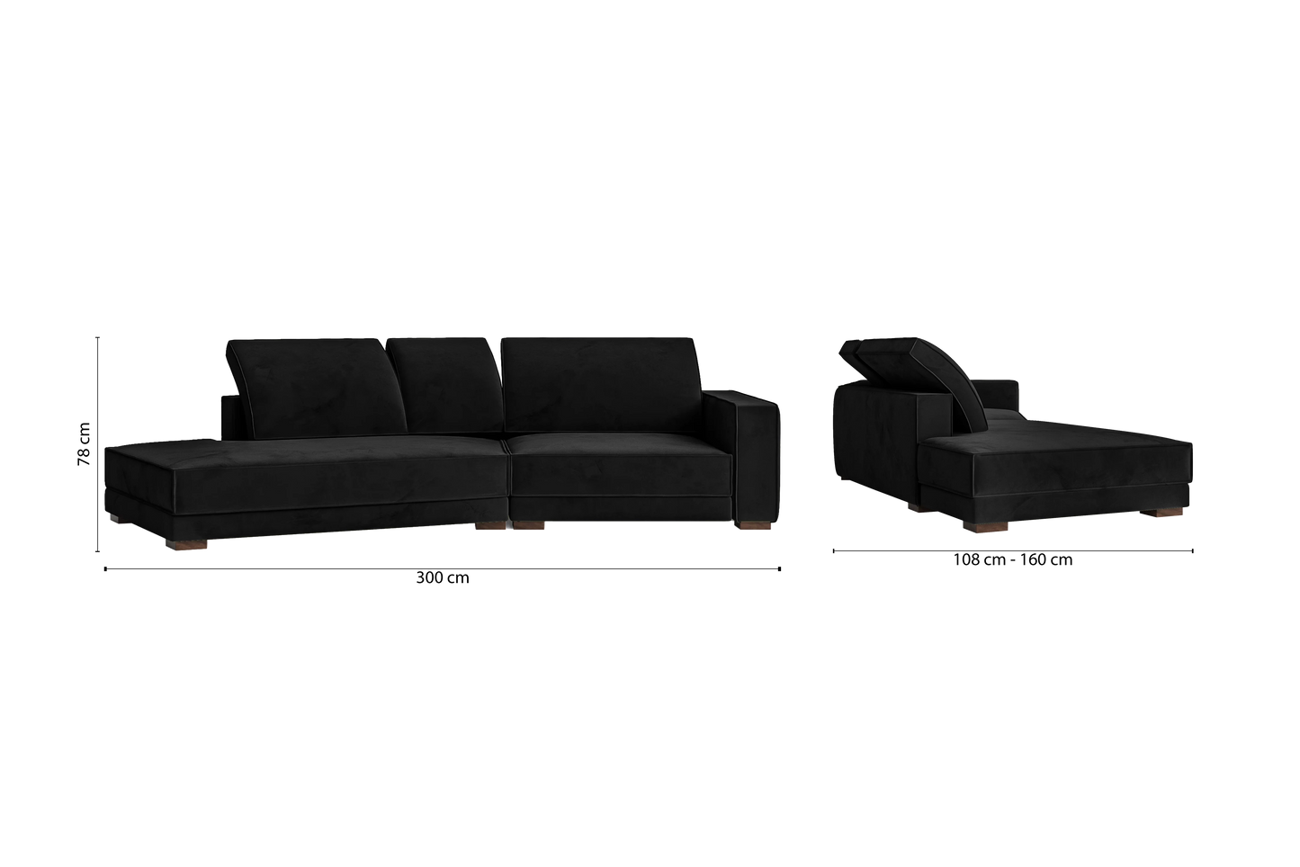 Bolzano 3 Seater Left Hand Facing Chaise Lounge Corner Sofa Black Velvet