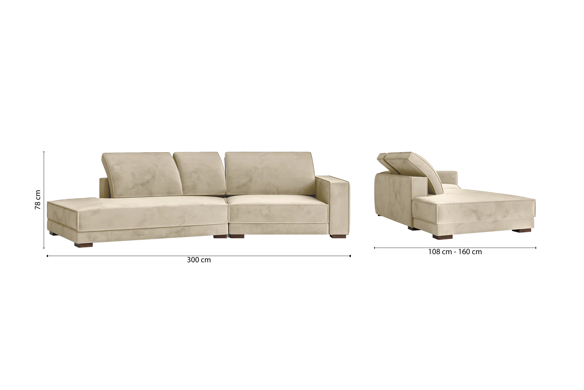 Bolzano 3 Seater Left Hand Facing Chaise Lounge Corner Sofa Cream Velvet