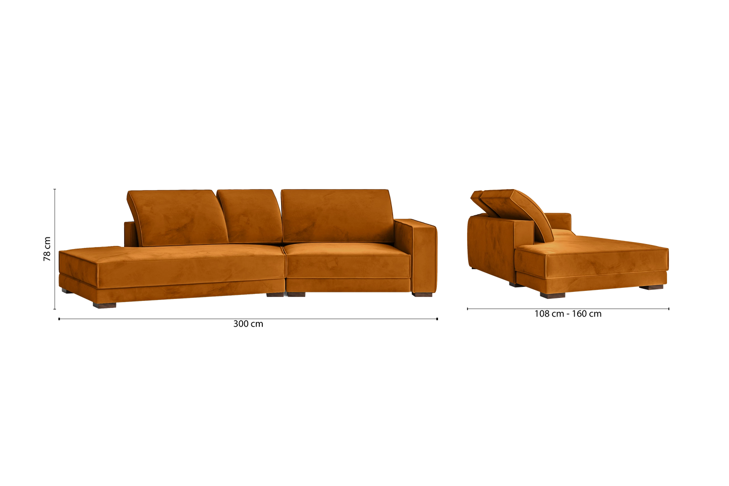 Bolzano 3 Seater Left Hand Facing Chaise Lounge Corner Sofa Gold Velvet