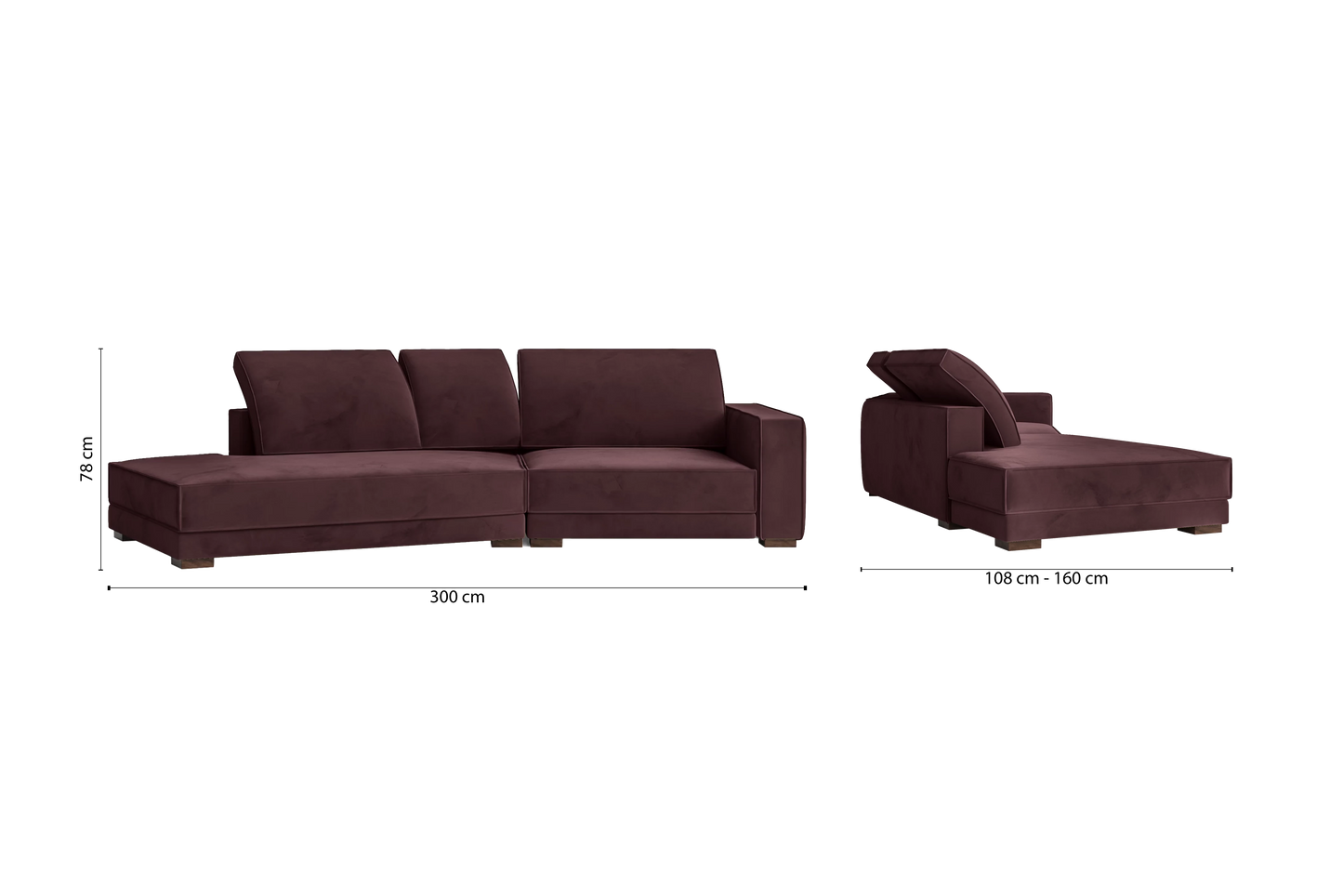 Bolzano 3 Seater Left Hand Facing Chaise Lounge Corner Sofa Grape Velvet