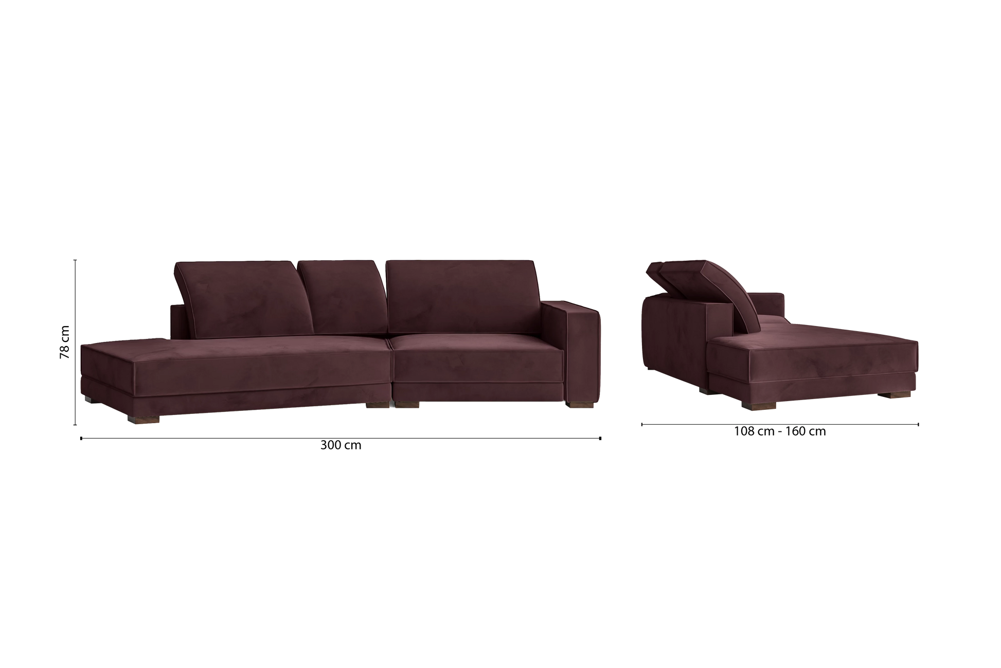 Bolzano 3 Seater Left Hand Facing Chaise Lounge Corner Sofa Grape Velvet