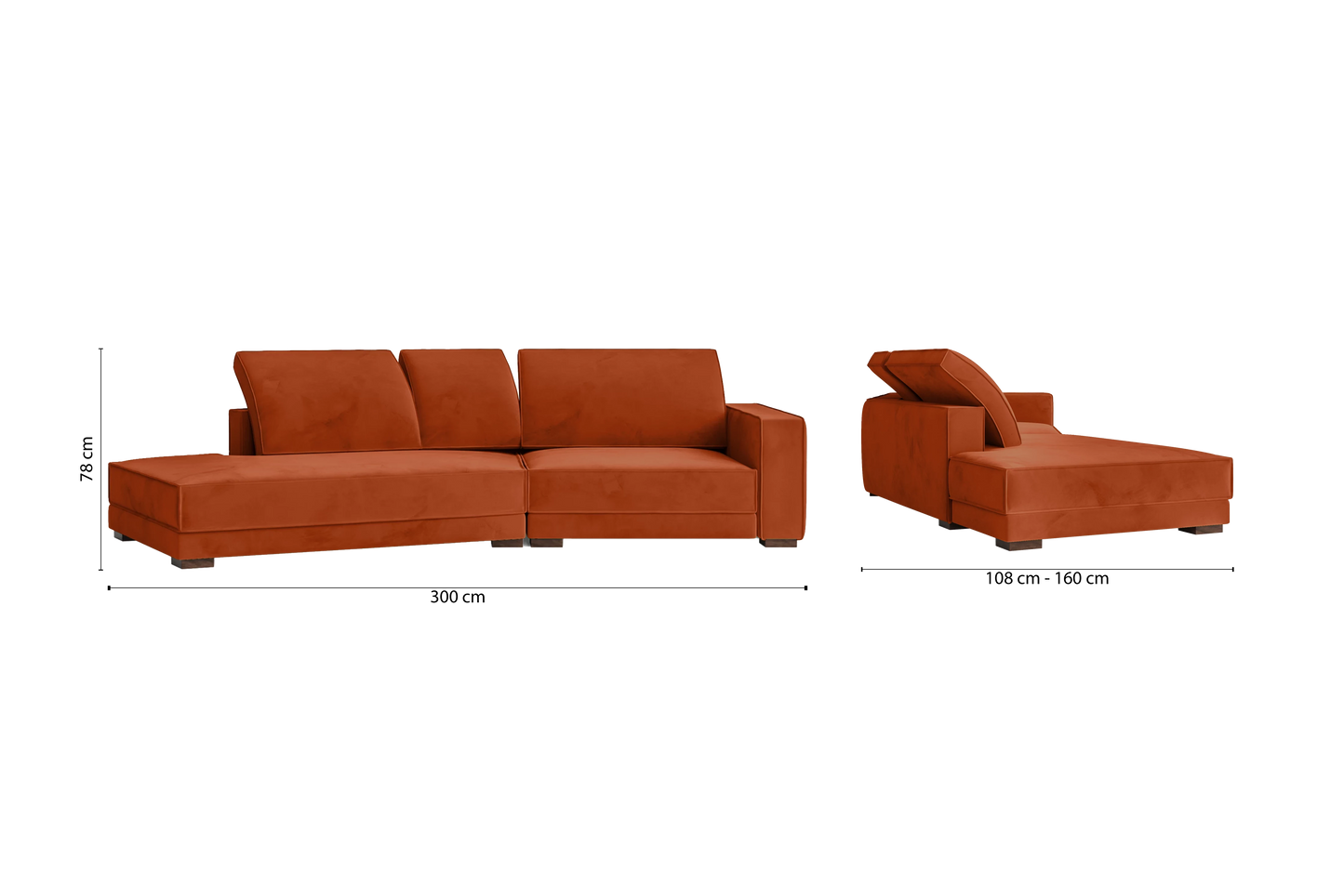 Bolzano 3 Seater Left Hand Facing Chaise Lounge Corner Sofa Orange Velvet