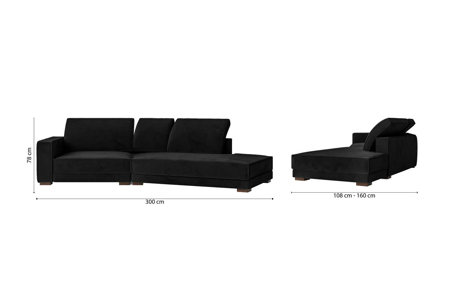 Bolzano 3 Seater Right Hand Facing Chaise Lounge Corner Sofa Black Velvet