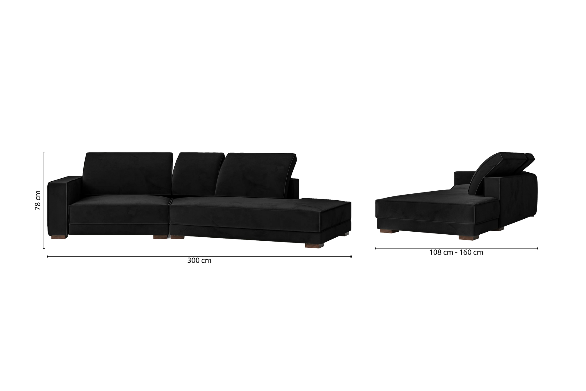 Bolzano 3 Seater Right Hand Facing Chaise Lounge Corner Sofa Black Velvet